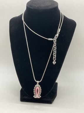 Brighton Silver-Plated Pink Ribbon Pendant Bagde Holder Long Necklace